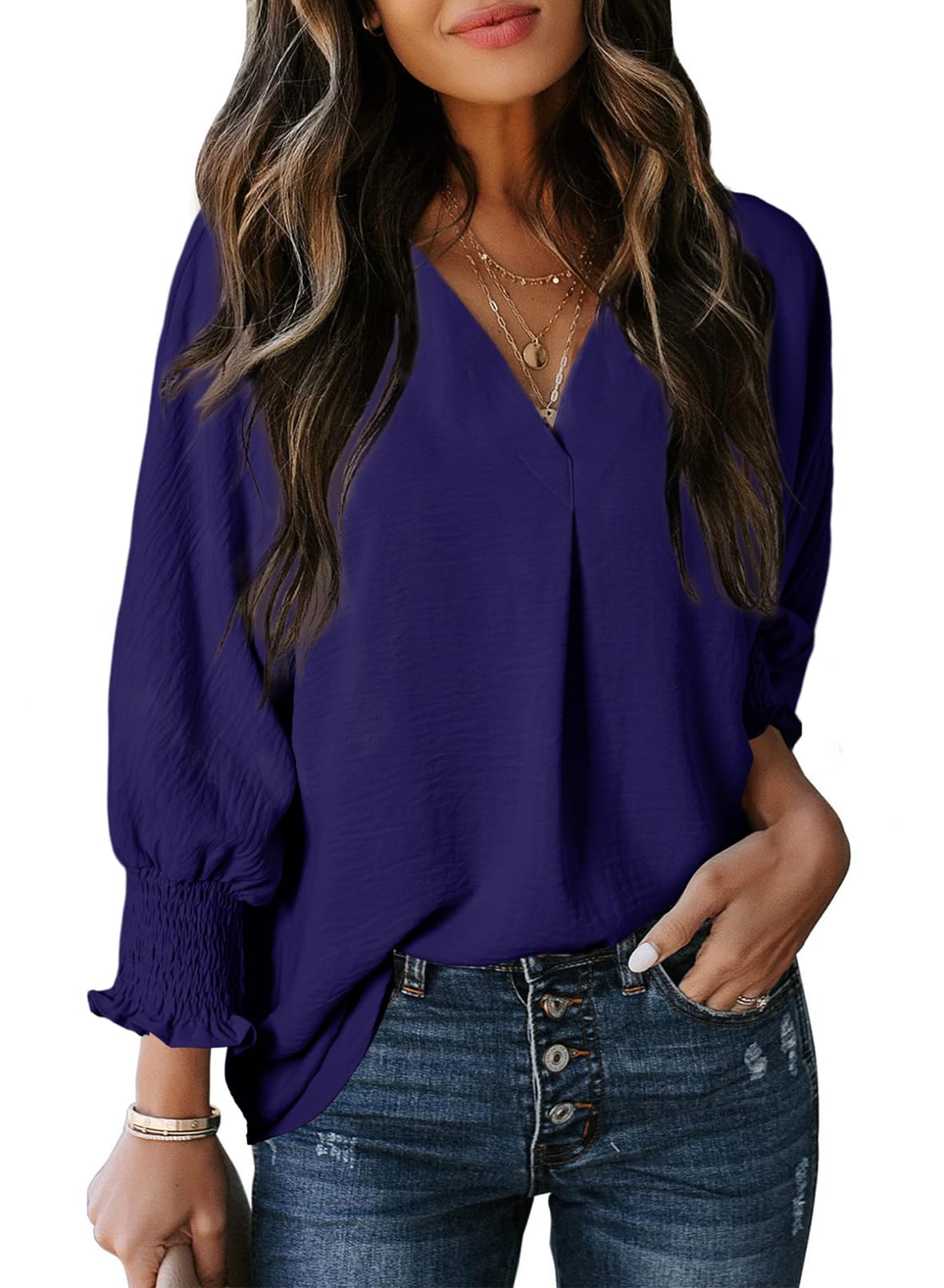 🔥Hot Sale-Womens Casual 3/4 Sleeve V Neck Loose Fit Basic Tees