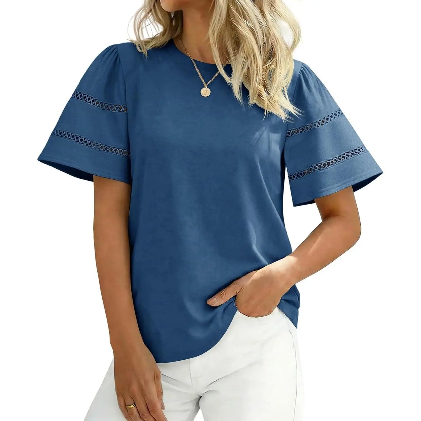 Round Neck Double Hollow Stripe Puff Short Sleeve Loose Basic Tee