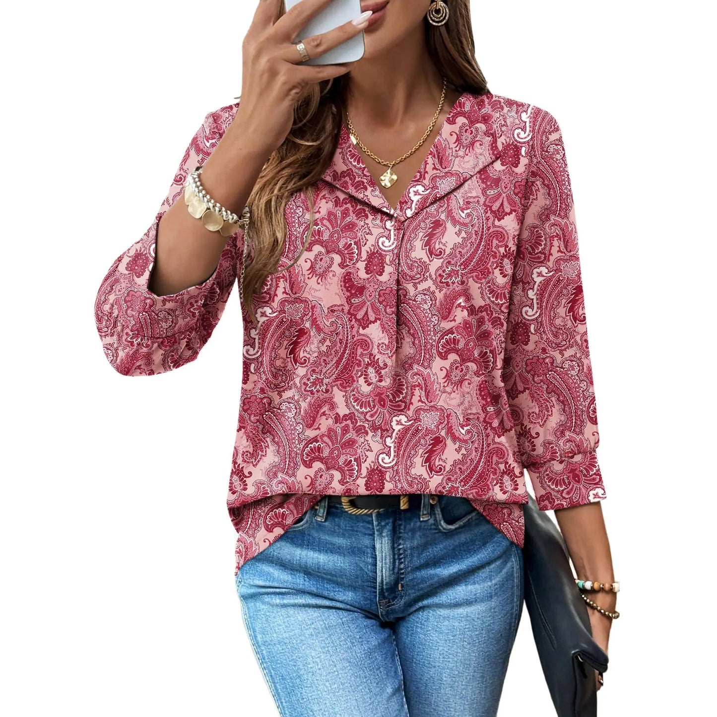 Lapel Collar V Neck Sketch Floral Print 3/4 Puff Sleeve Casual Blouse