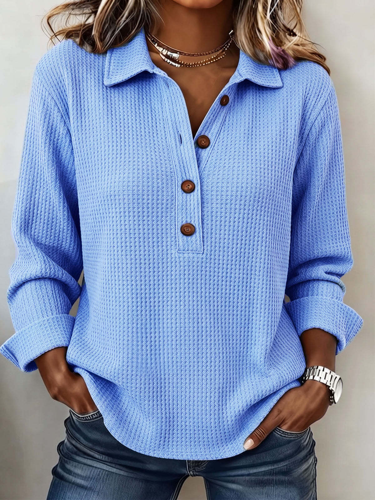 Hot Sale-Women's Waffle Lapel Half Button Long Sleeve Top