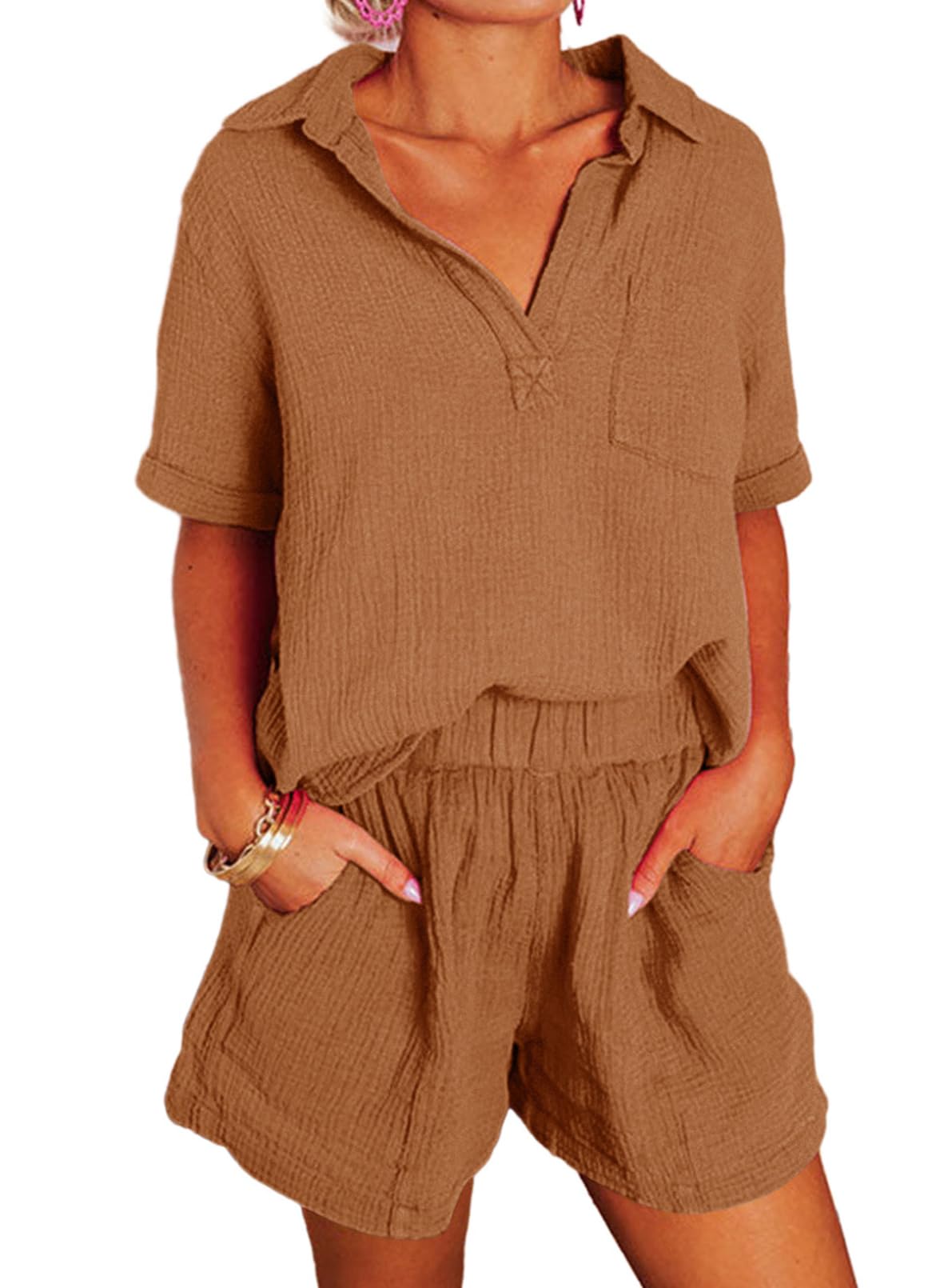 ✨Women's Two Piece Outfits V Neck Short Sleeve Shirts and High Waist Shorts Lounge Sets