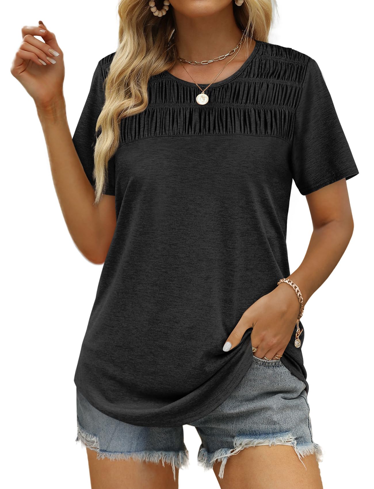✨Hot Sale-Women's Summer Tops 2025 Trendy Short Sleeve Shirts Smocked Crewneck Tee
