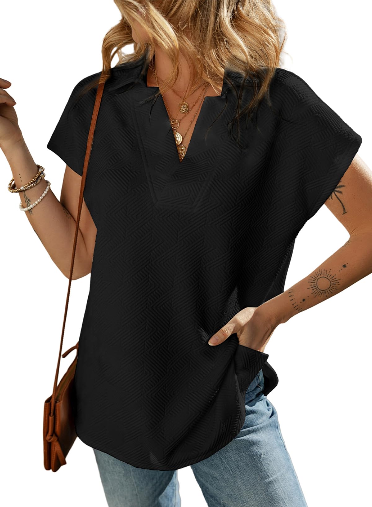 ✨ Women's Casual Collared V Neck Short Sleeve T Shirt