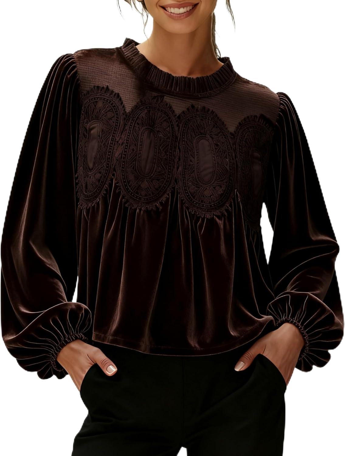 ⏰Hot Sale-Women's Long Sleeve Velvet Trim Lace Blouse Elegant Flared Swing Top