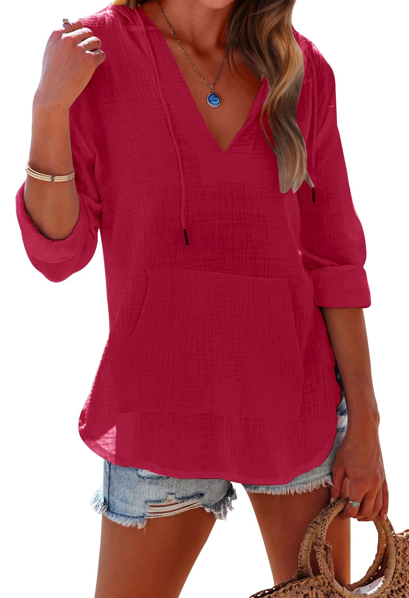 ✨ Women's Long Sleeve V Neck Pocketed Hooded Shirt Top