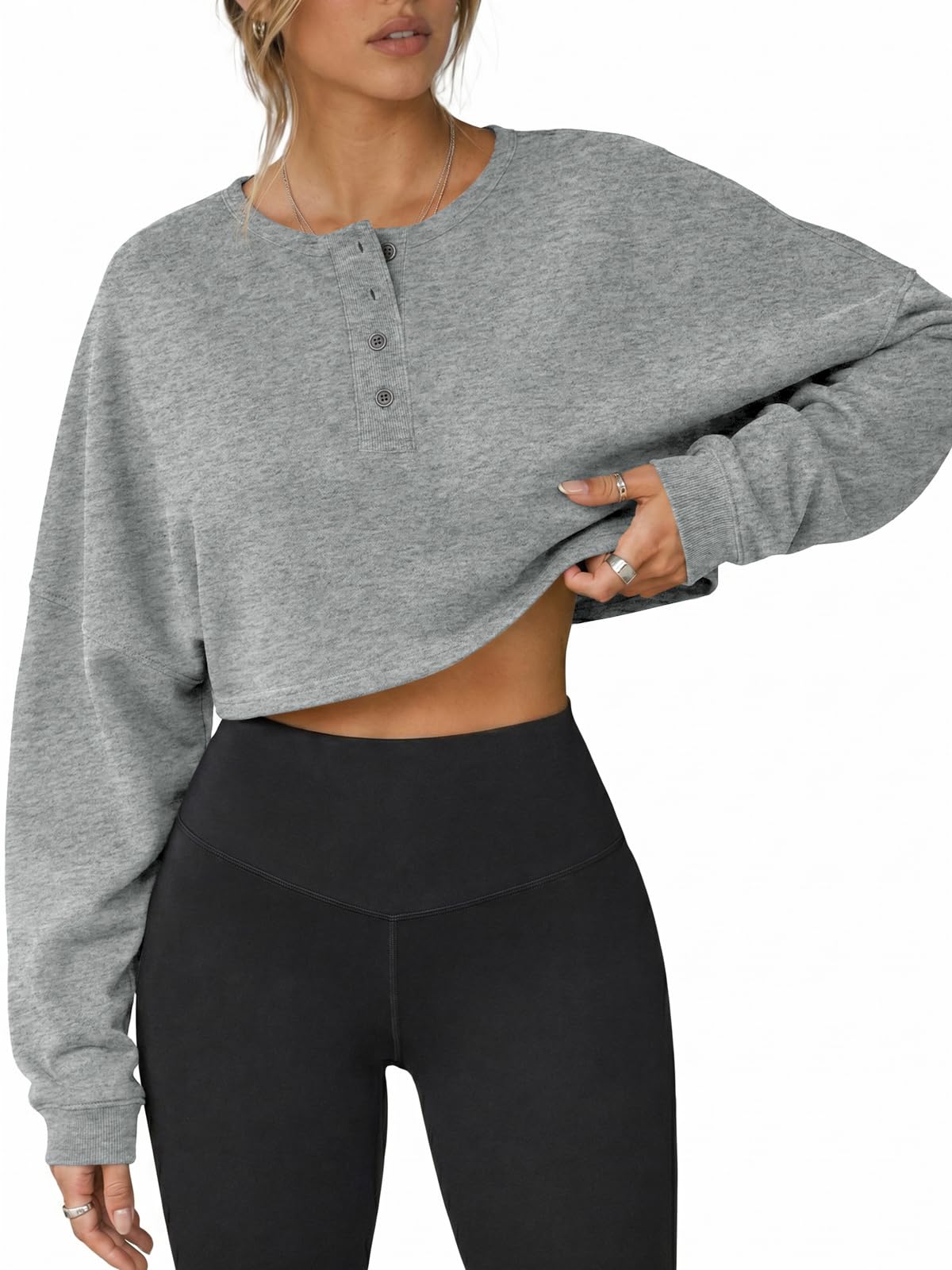 Womens Long Sleeve Cropped Henley Neck Sweatshirts