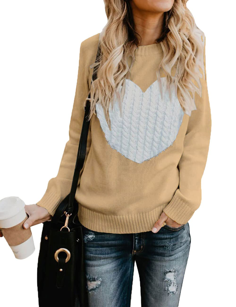 Women's Pullover Sweaters Long Sleeve Front Ribbed Knitted Cute Heart Sweater