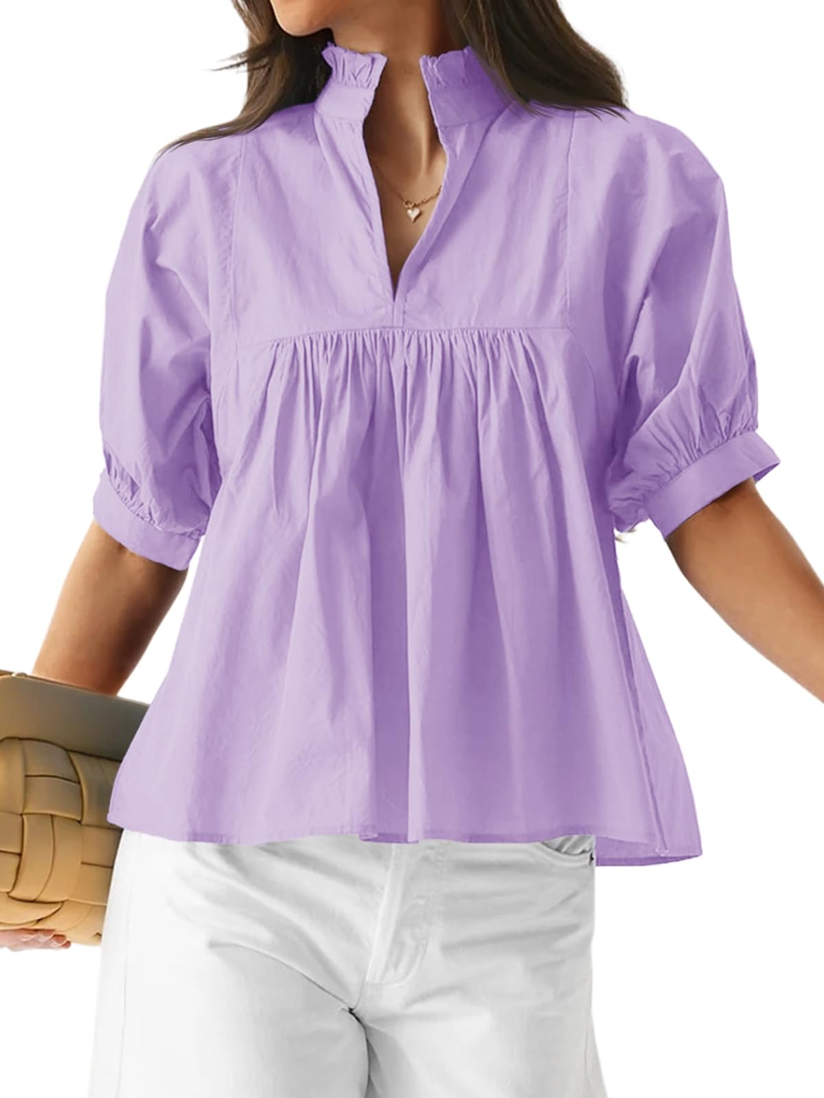 ✨ Women's Puff Sleeve V Neck Casual Pleated Tops