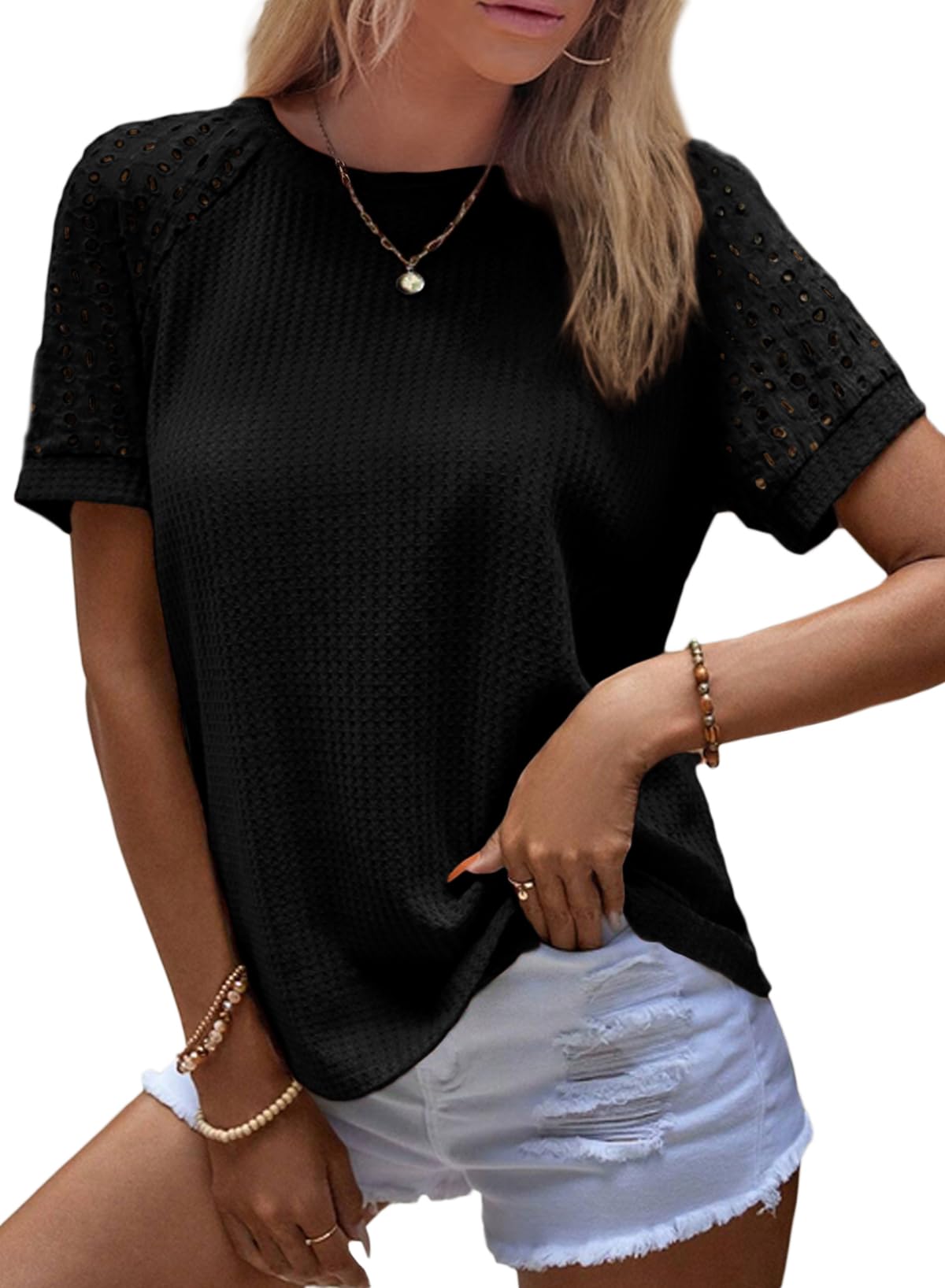 ✨Women's Casual Crew Neck Hollow Out Raglan Short Sleeve Waffle Knit Tops