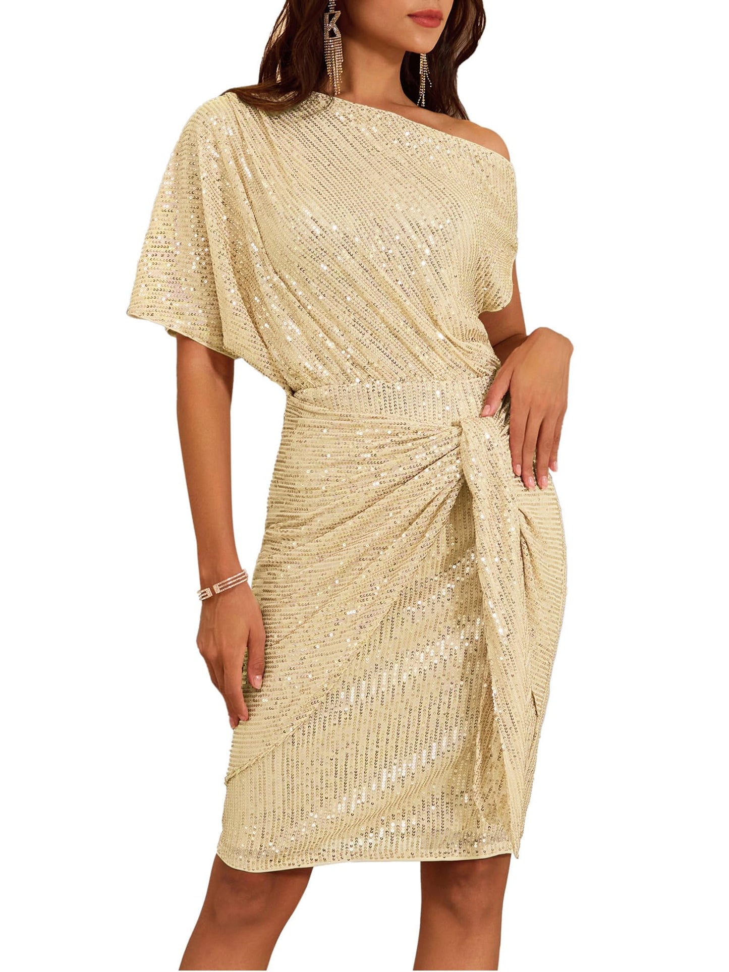 ✨Women's Sequin Sparkly Glitter One Shoulder Ruched Bodycon Dress(Last day 50% OFF!!!)