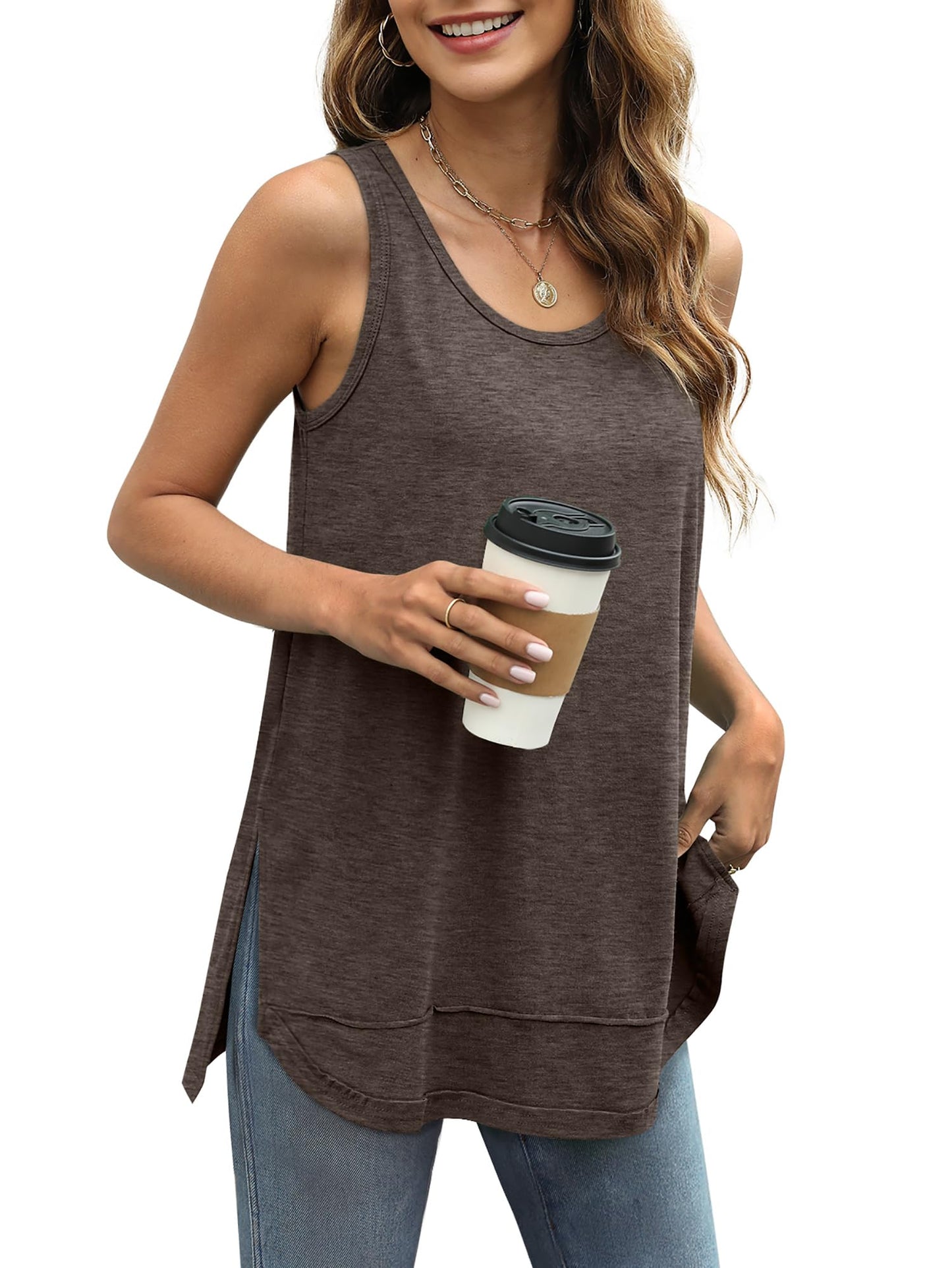 Women Scoop Neck Summer Side Split Sleeveless Shirts
