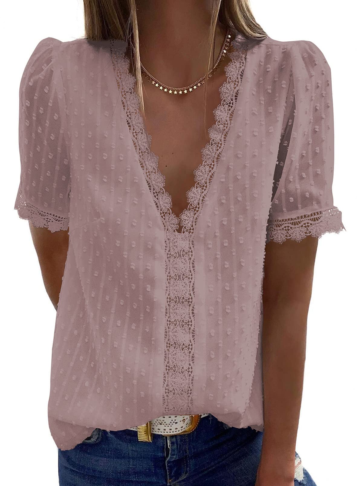 ✨Hot Sale-Women's V Neck Lace Crochet Tunic Tops Flowy Casual Shirts