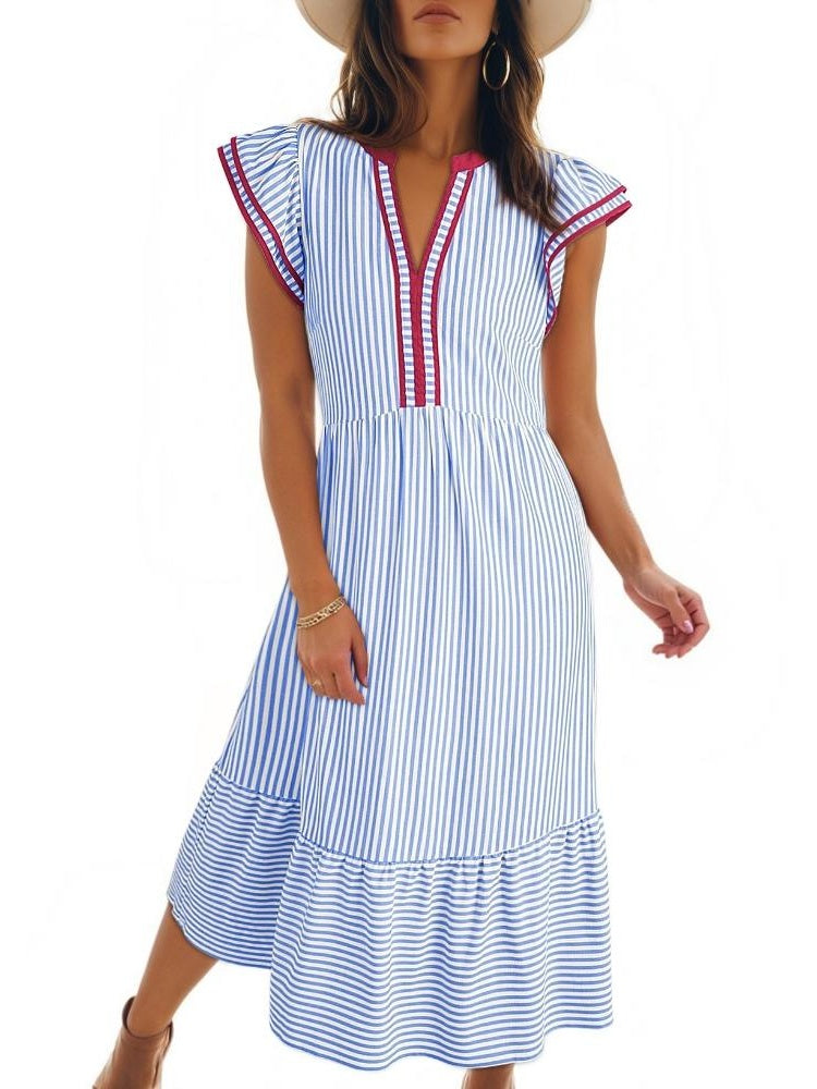 Womens V-Neck Ruffle Striped Beach Midi Maxi Dress with Pockets
