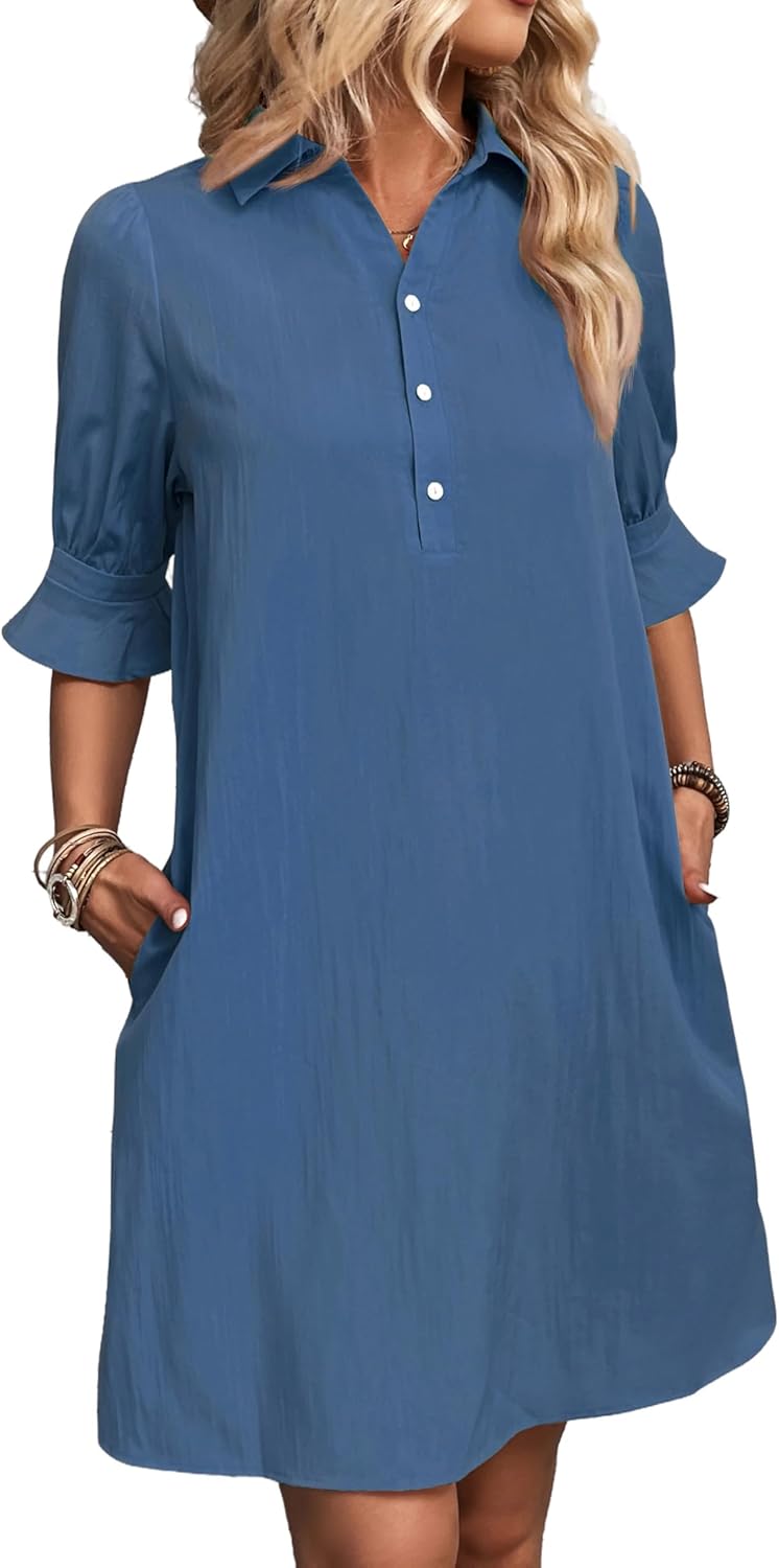 ✨Womens Casual Shirt Dress Ruffle Sleeve Solid Color Button Down