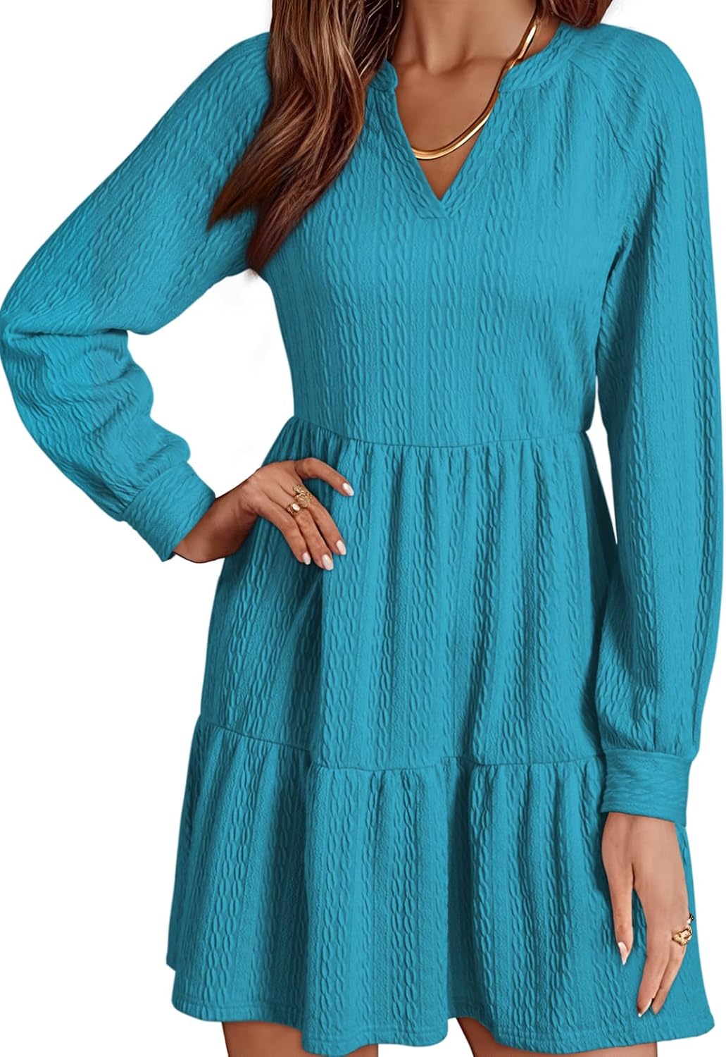 ✨Womens Long Sleeve V Neck Textured Tiered Ruffle Mini Babydoll Dress