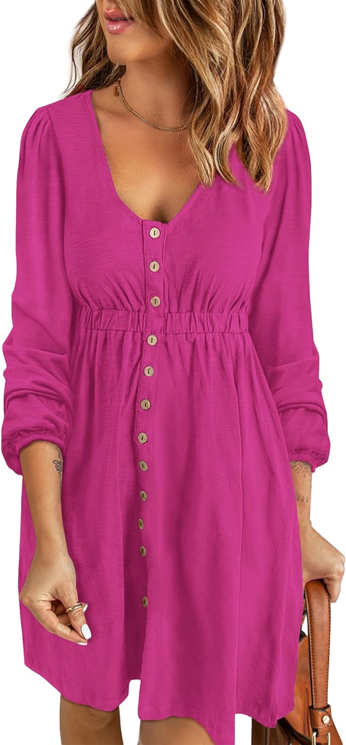 ✨Women Button DownDresses Long Sleeve Crew Neck Solid Dress