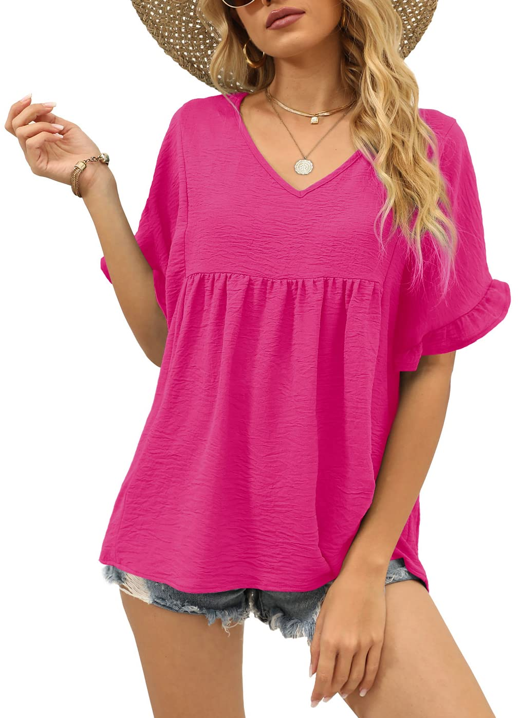✨Womens Tops Casual V Neck Ruffle Sleeve T Shirts Babydoll Loose Fit Peplum Tops
