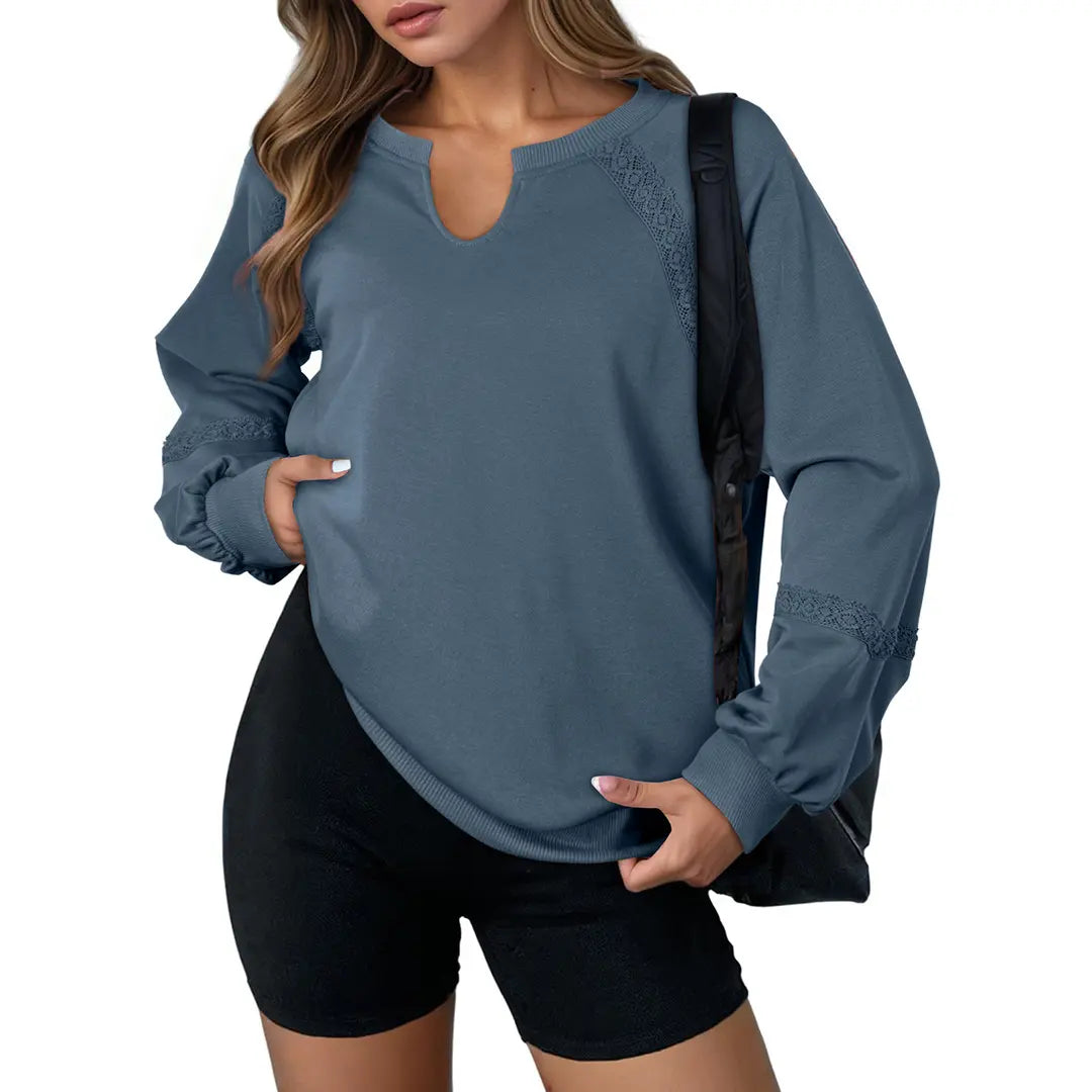 Notch V-Neck Lace Spliced Long Sleeve Sweatshirt