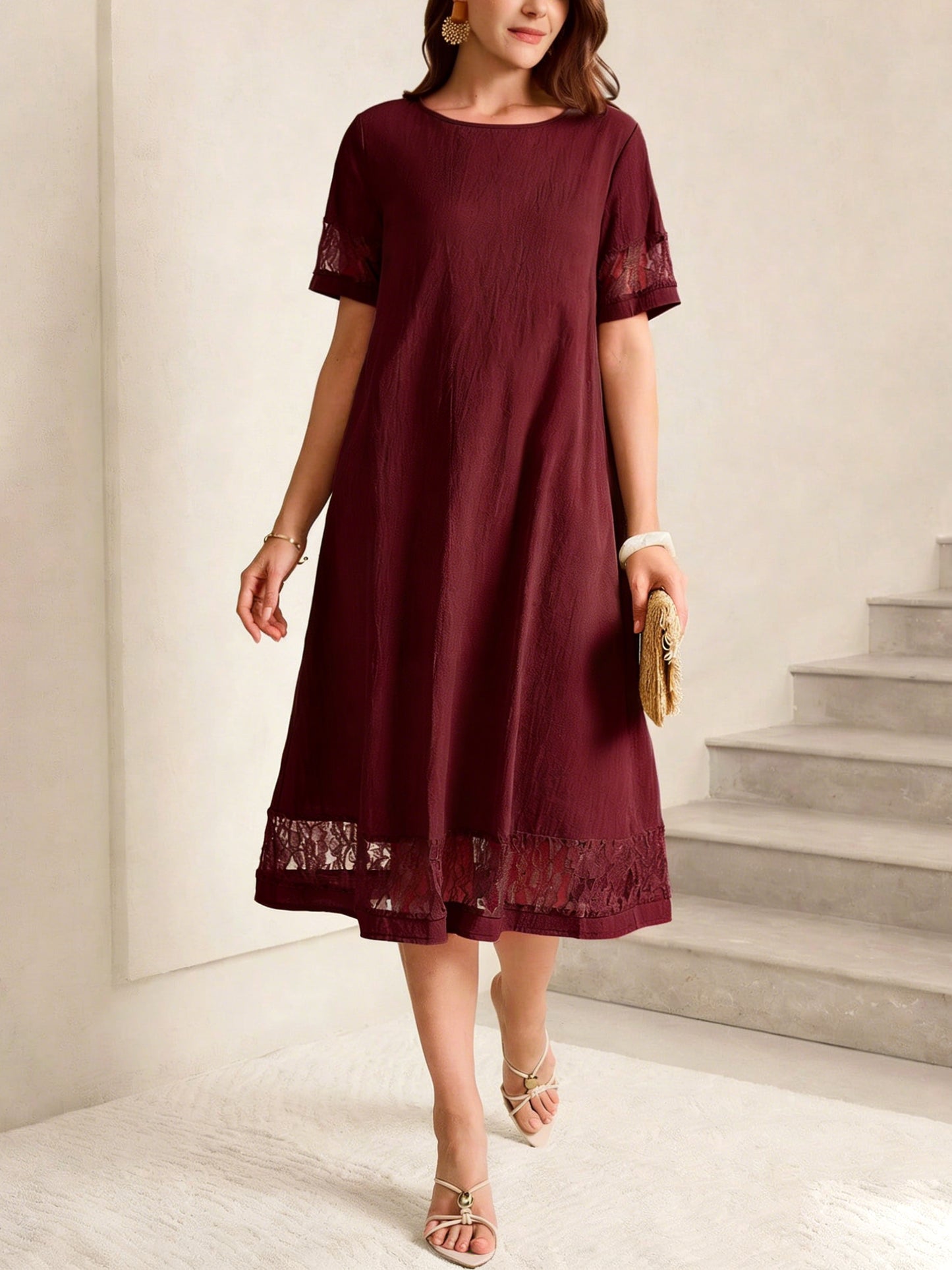 Lace Trim Midi Cotton Dress