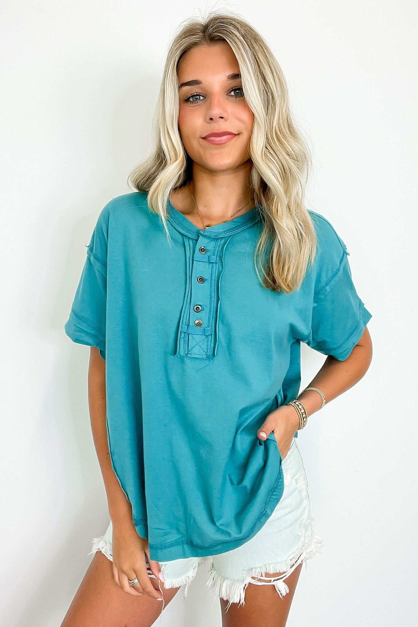 Taryyn Raw Edge Button Henley Top ( BUY 2 FREE SHIPPING)