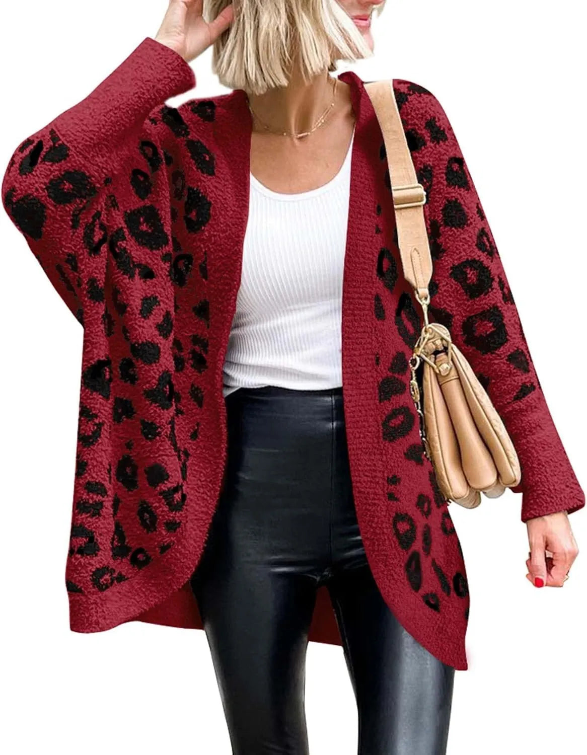 Women's Leopard Print Long Sleeve Cardigan Sweater with Pockets