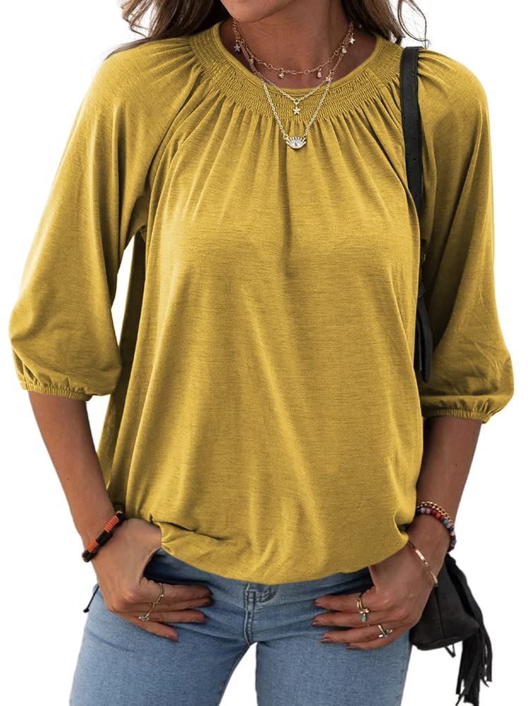 ✨Women's Casual Cotton 3/4 Sleeve Loose Pleated Basic Tops
