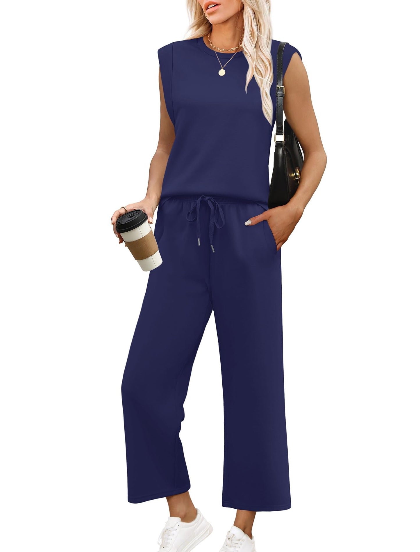 ✨Women's Casual Cap Sleeve Top Wide Leg Crop Pants Two Piece Sets