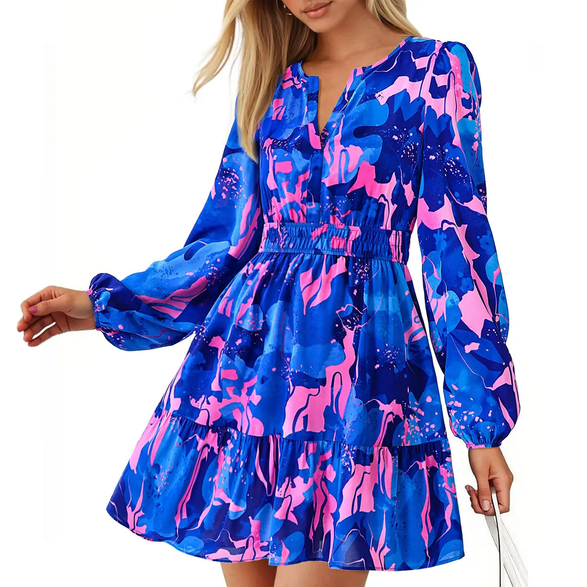 Women's Elastic Waist Boho Beach Vacation Clothes Floral Mini Summer Dress
