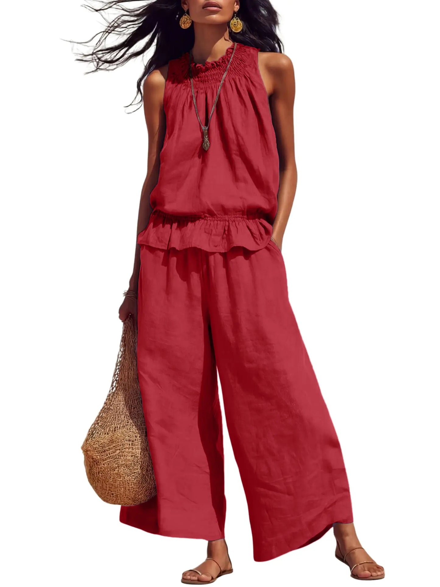 ⏰Hot Sale-Women's 2 Piece Outfits Sleeveless Ruffle Top Wide Leg Pants Summer Loungewear