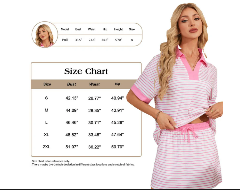 Women's Striped V-Neck Polo Top & Built-in Short Skort 2 Piece Lounge Set