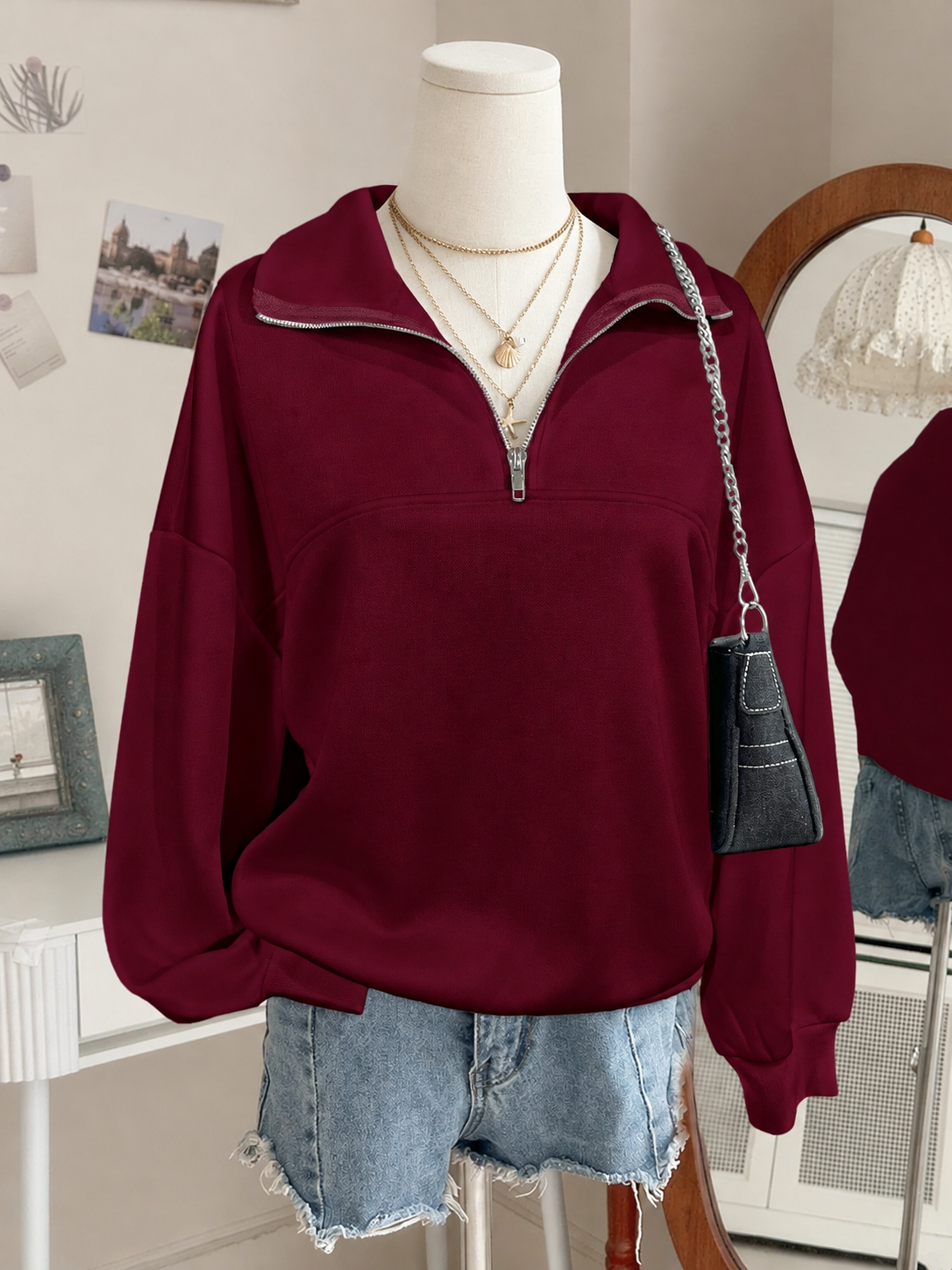 Women Half-Zip Mock Neck Solid Sweatshirt