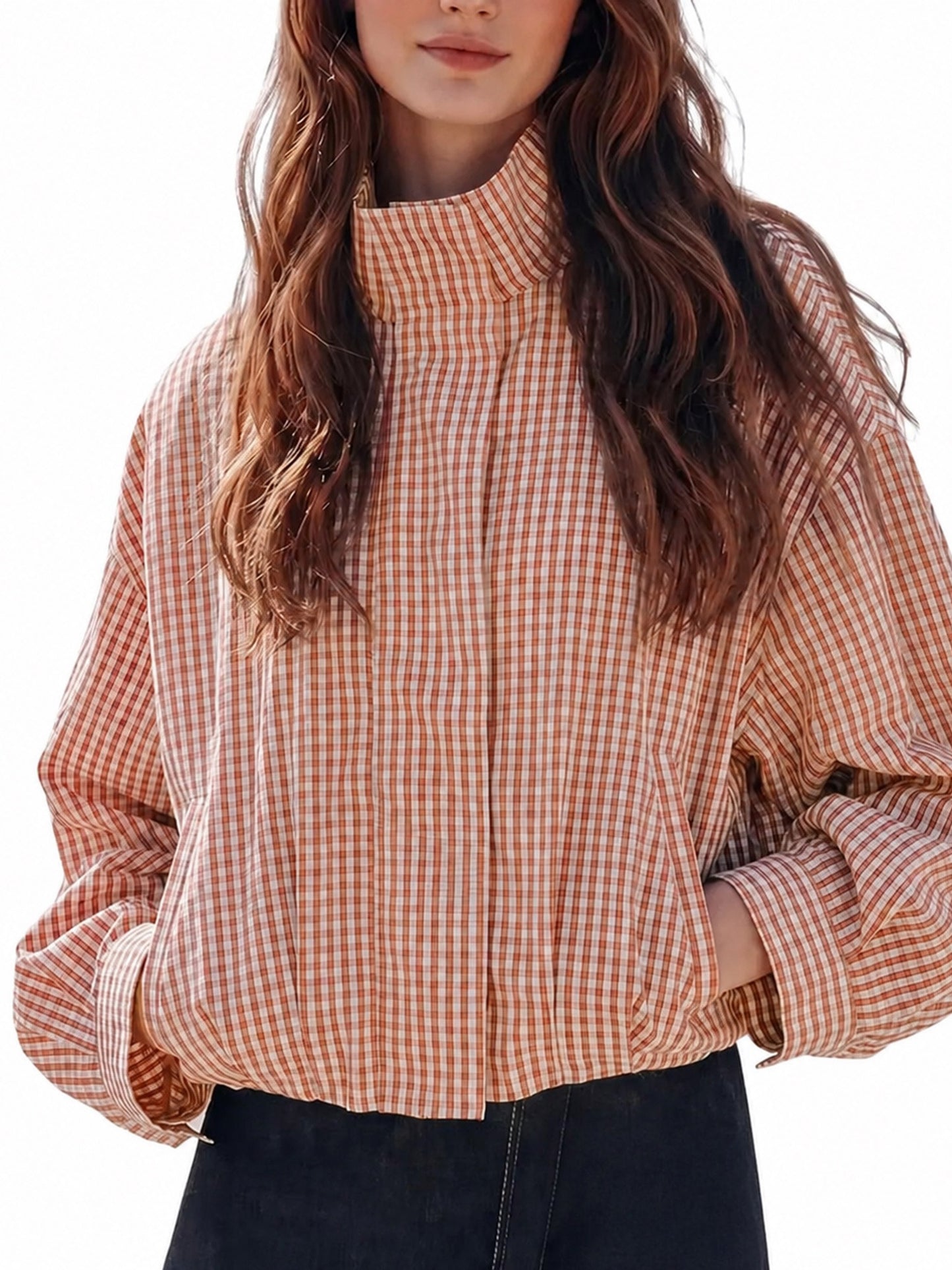 Women Gingham Plaid Zip‑Up Stand Collar Cropped Batwing Sleeve Jacket