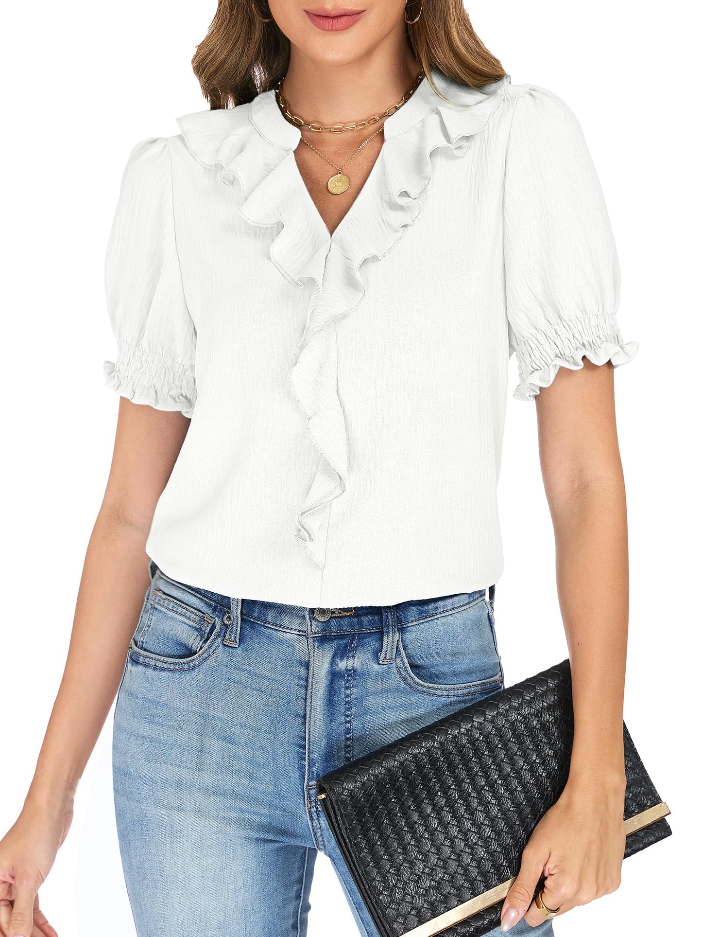 Womens Blouses Dressy Casual Puff Sleeve V Neck Ruffle Tops