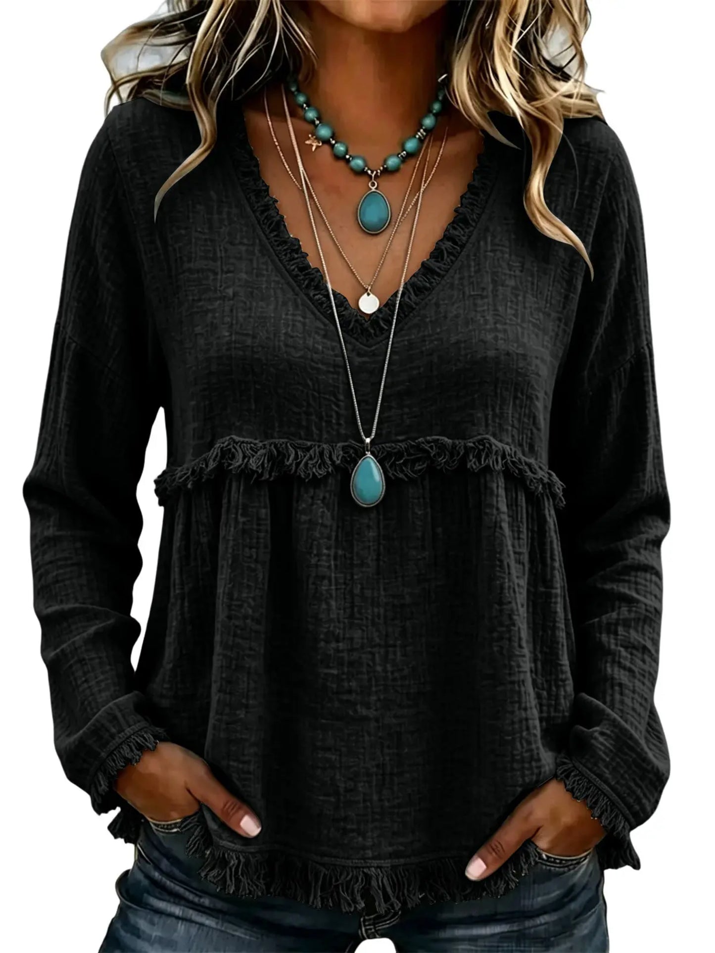 Boho V‑Neck Fringe Long Sleeve Top | Babydoll Loose Silhouette