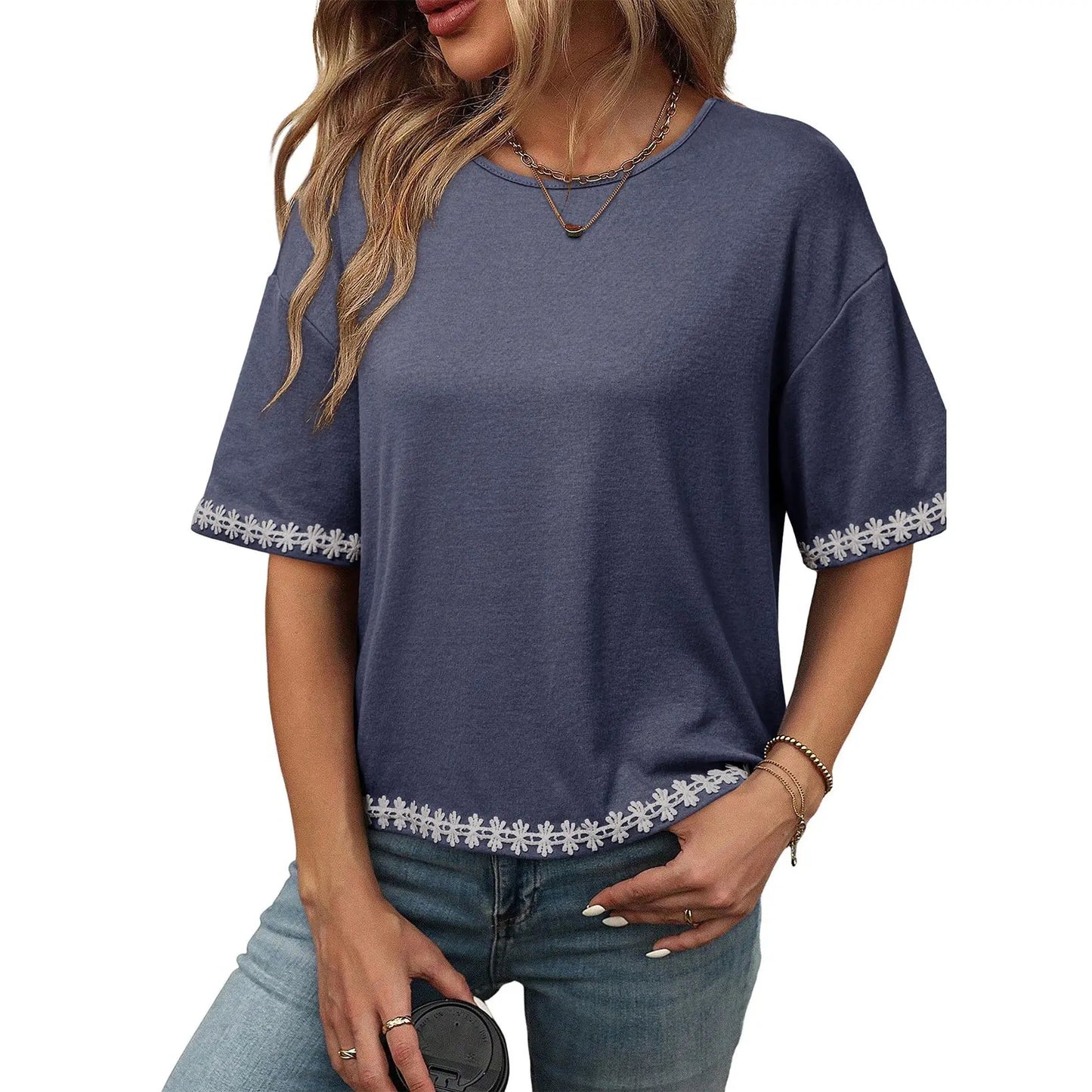 Women's Casual Summer Crewneck Short Sleeve Embroidered Loose Oversized Basic Tee