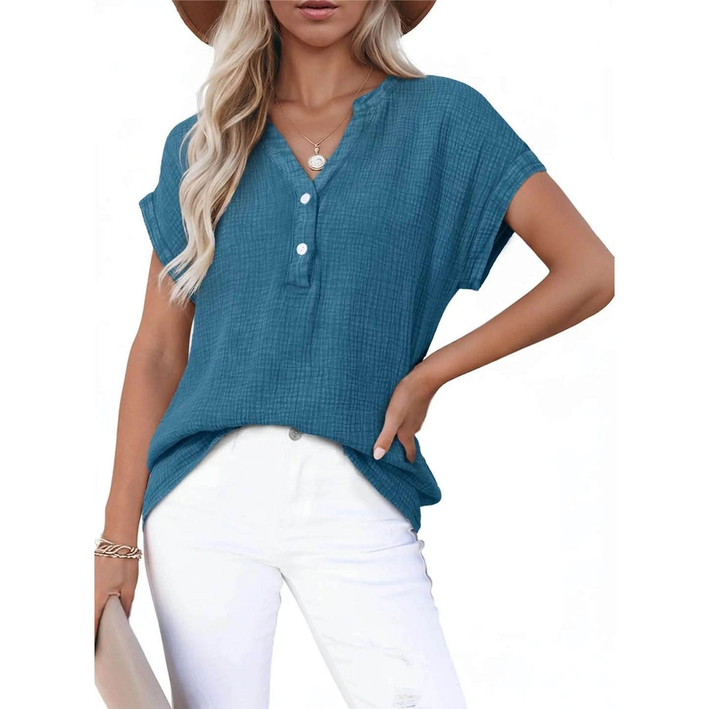 Women’s Summer Boho Tops Casual Button Short Sleeve V Neck Shirts Solid Cotton Blouses