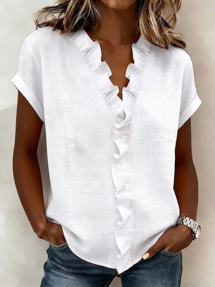 Women's V-Neck Ruffle Trim Short Sleeve Blouse