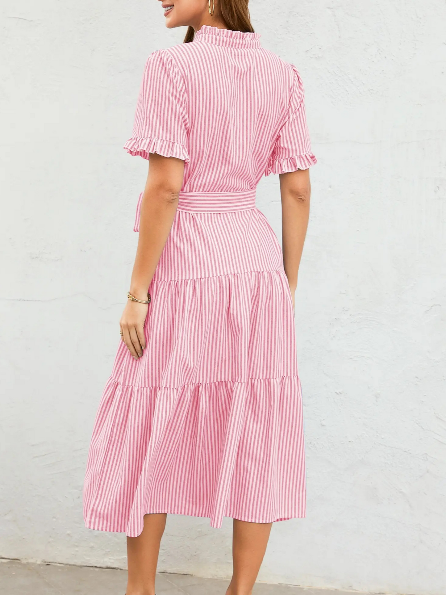 Women's Striped Ruffle Neck Tie-Waist Tiered Midi Dress