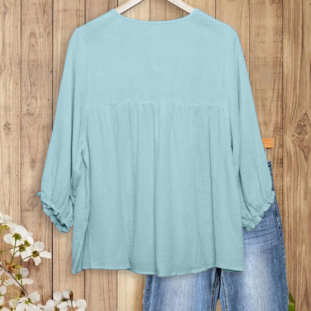 Women's 3/4 Puff Sleeve Blouse with Ruffled Cuffs & Pleated Details