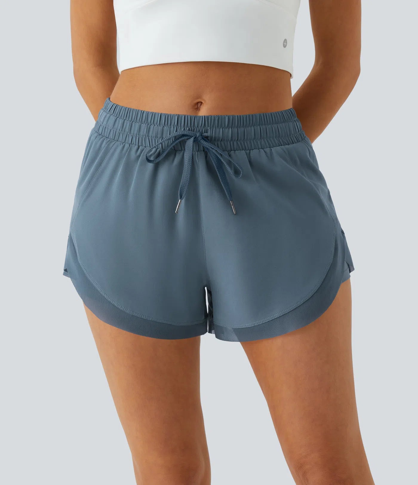 Women Mid Rise Drawstring Contrast Mesh 2-in-1 Flowy Running Shorts 3''