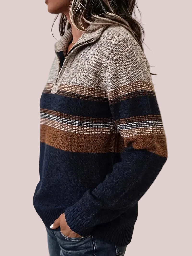 Women's Quarter Zip Color Block Striped Knit Sweater