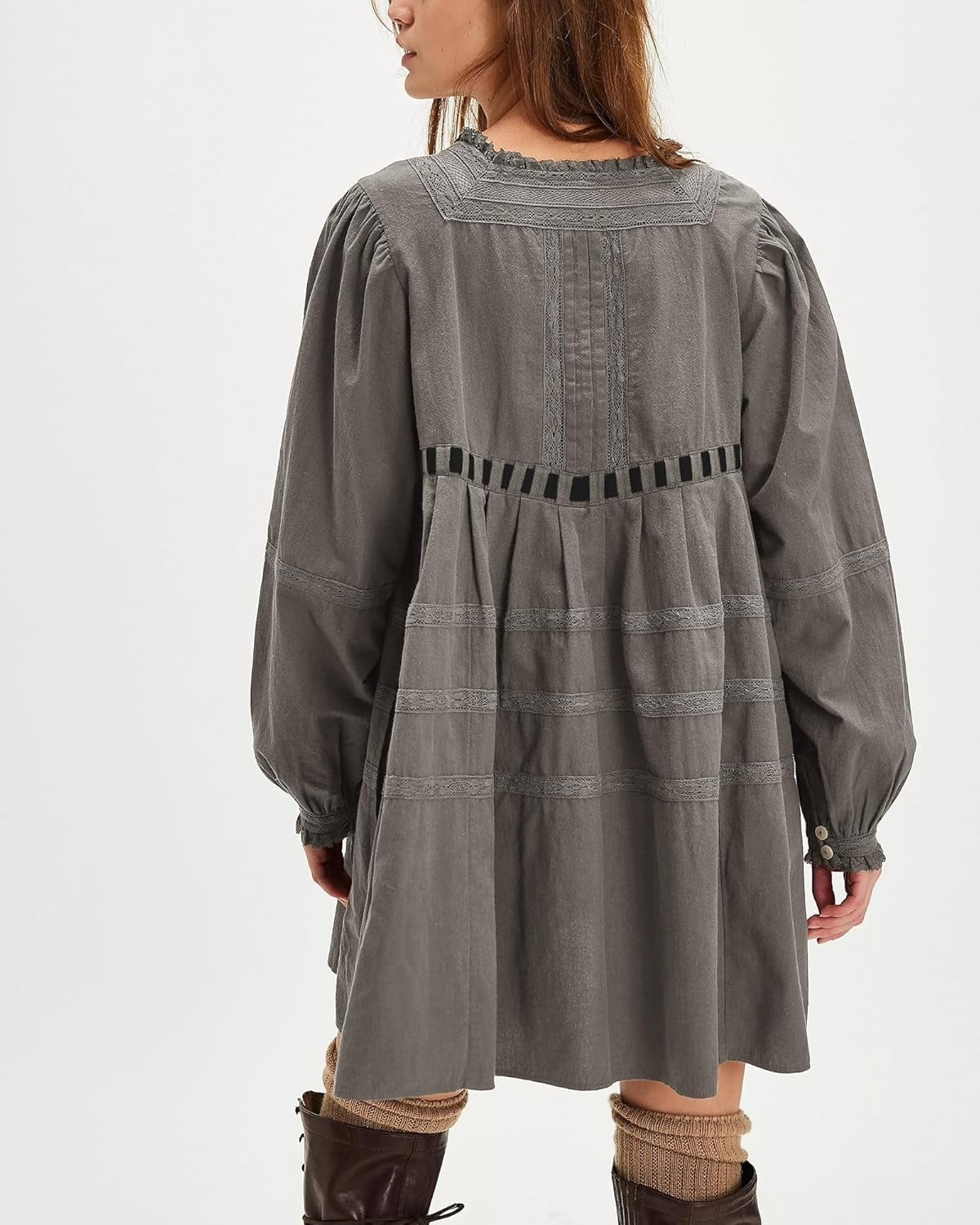 ⏰Hot Sale-Women's Square Neck Tie Front Long Sleeve Lace Trim Mini Dress