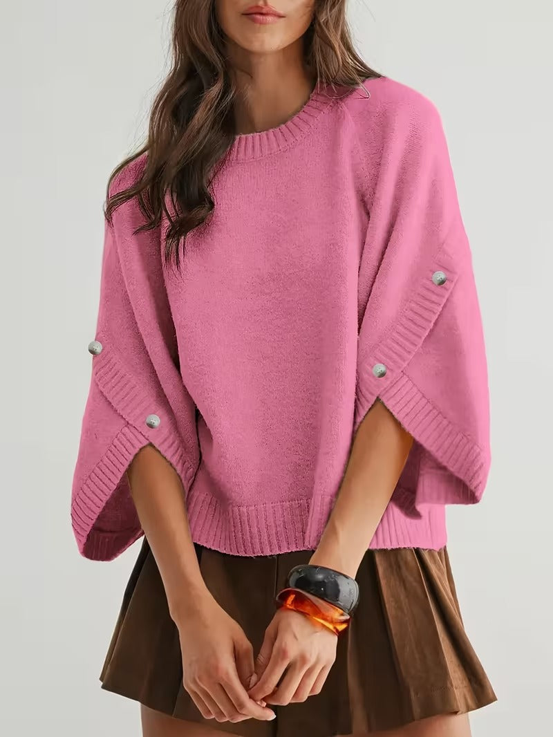 Women's Button Decor Batwing Sleeve Knit Sweater Crew Neck Loose Pullover Top