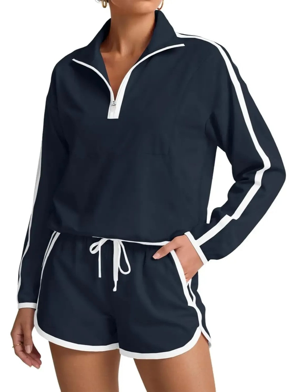 Women's Half-Zip Long Sleeve Top & Shorts Casual Two-Piece Set