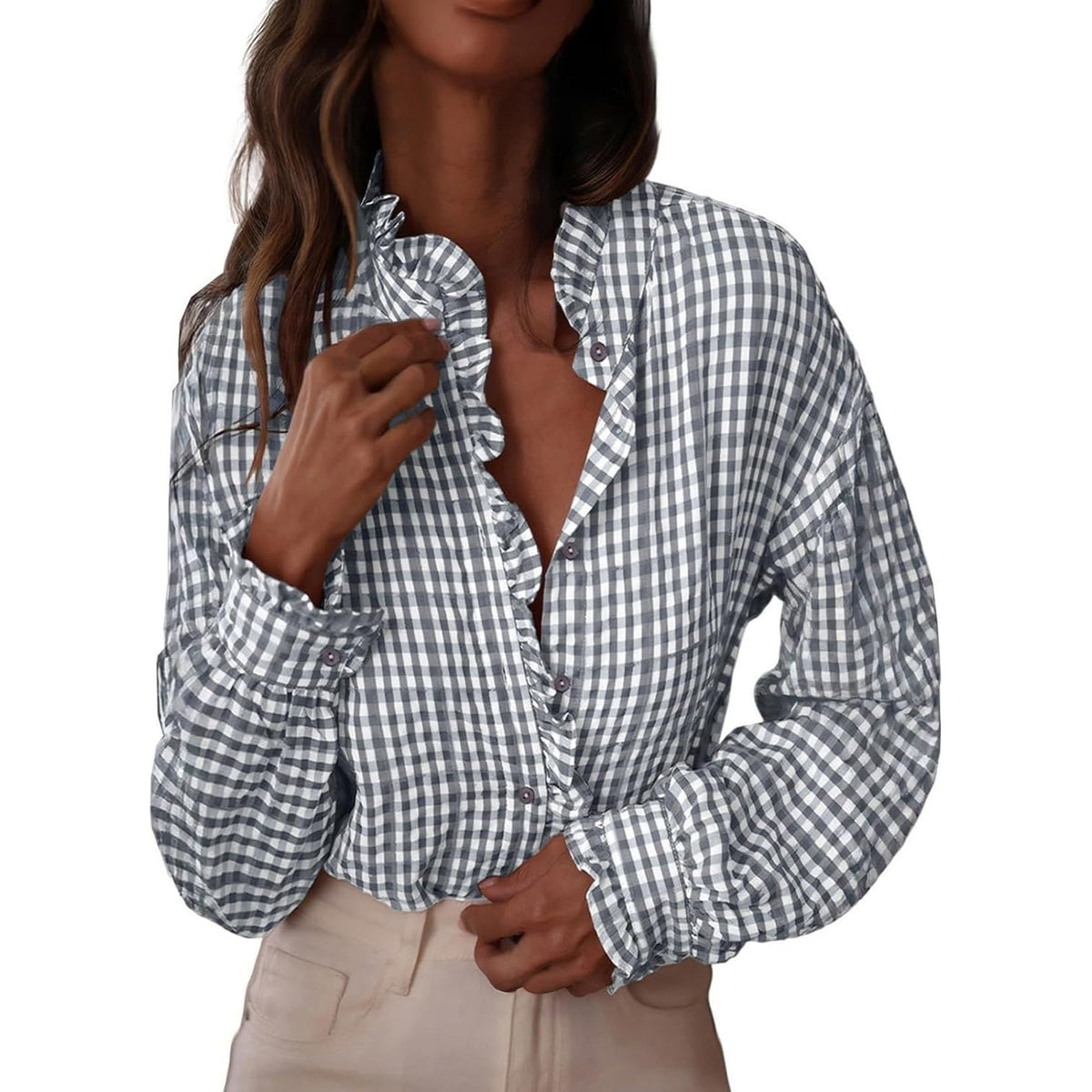 Women's Button Up Gingham Shirts Ruffle Collar Long Sleeve Plaid Tops
