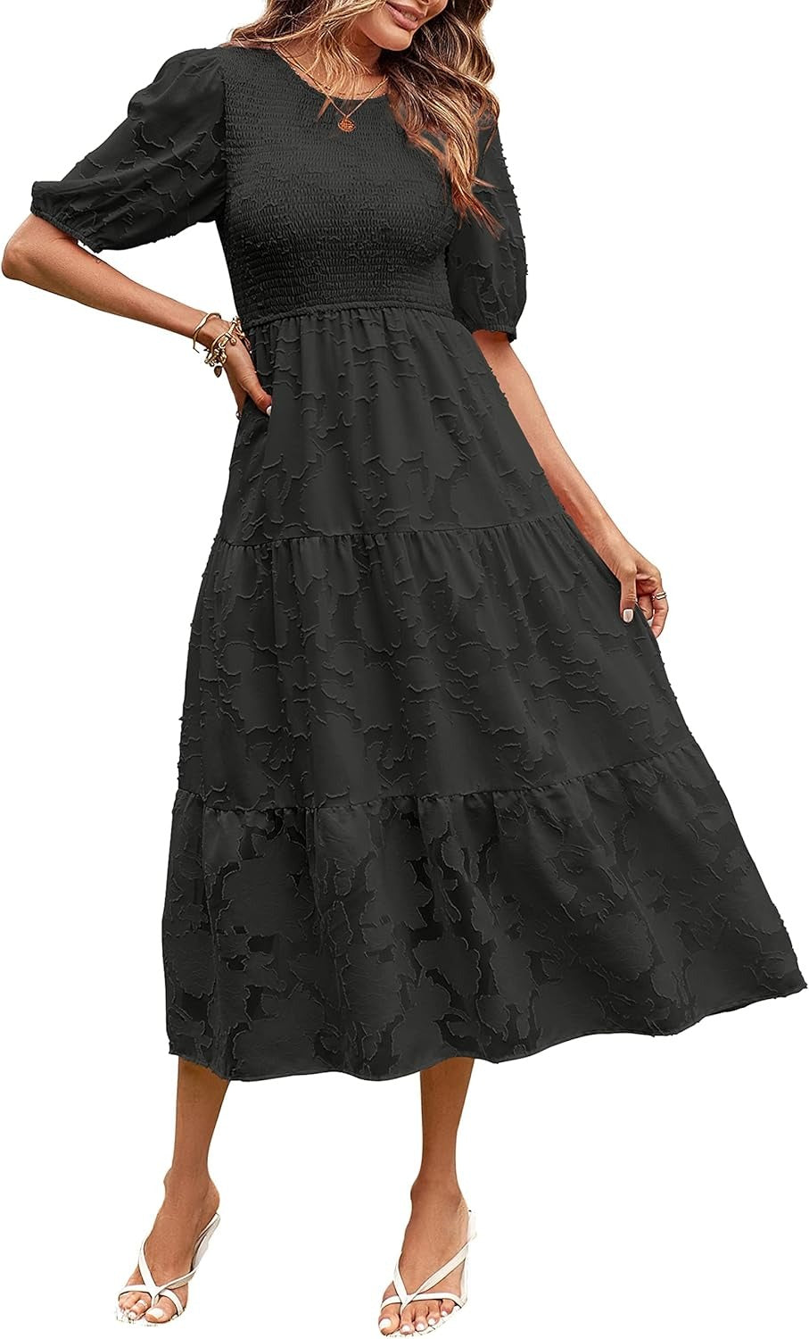✨Women's Puff Sleeve Floral Dress Flowy Tiered Midi Dresses