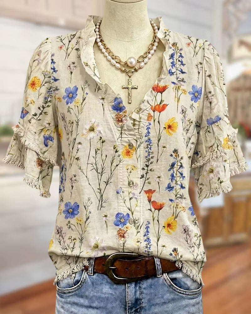 ⏰Hot Sale-Ruffle Trim V Neck Tiered Sleeve Floral Button Front Blouse