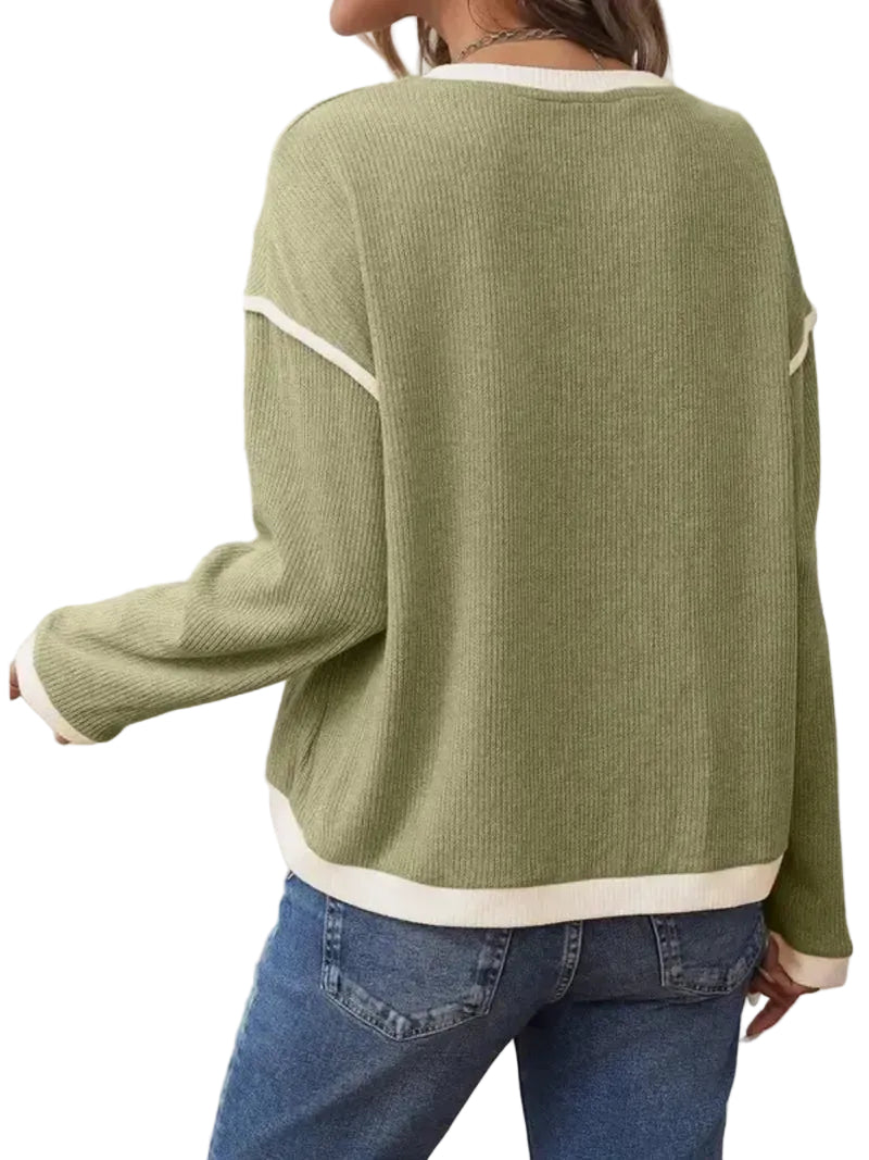 Women Crew Neck Contrast Spliced Casual Top