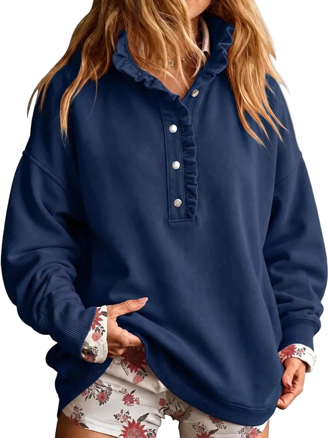 🎀Ruffled Mock Neck Henley Oversized Sweatshirt