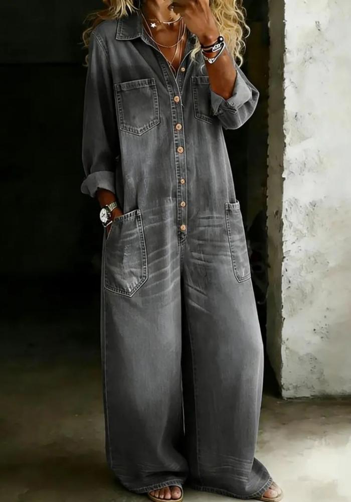 Women's Denim Retro Collared Long-Sleeved Wide-Leg Straight Jumpsuit